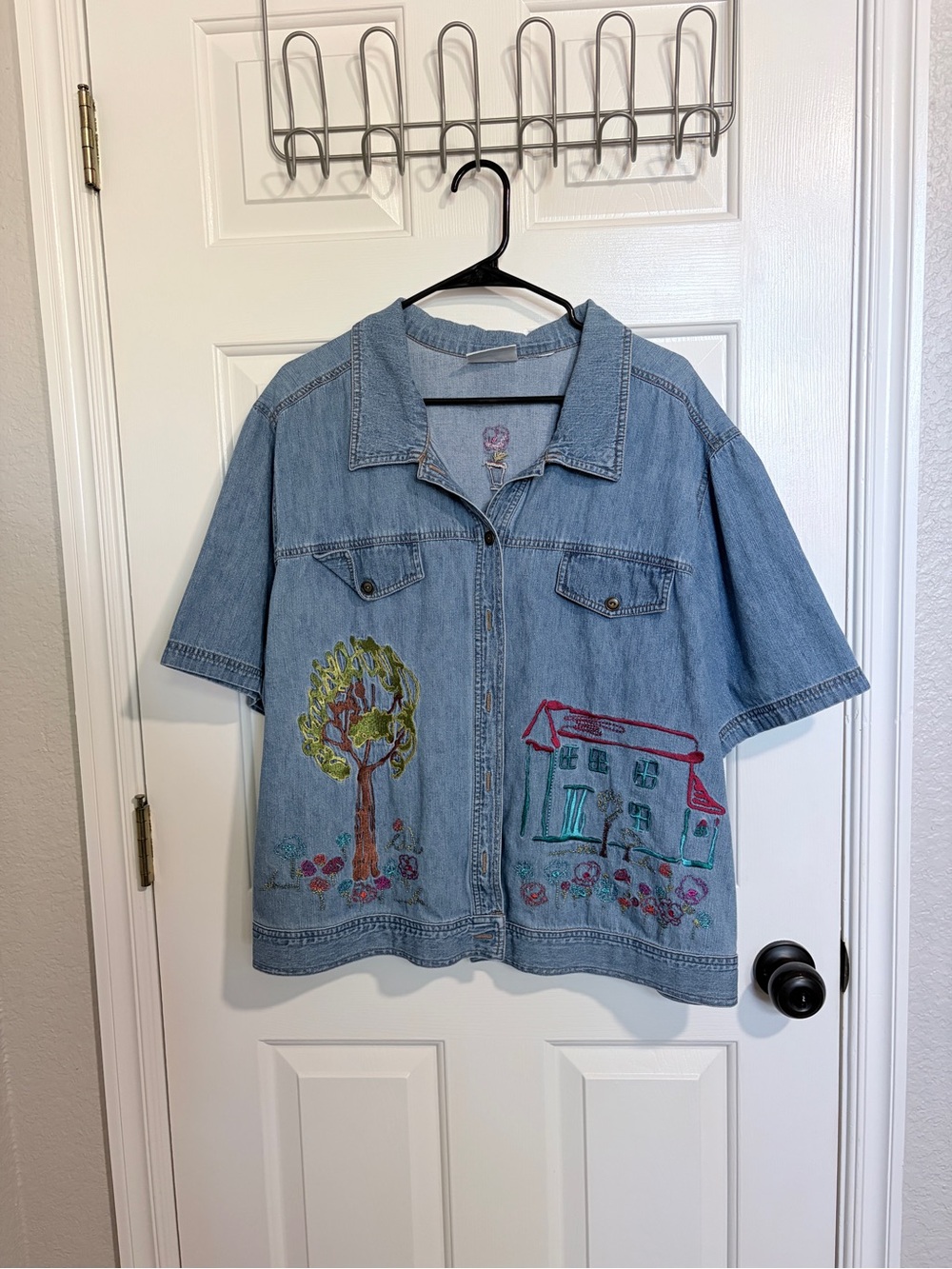 Light Blue Embroidered Denim Button-Down Shirt